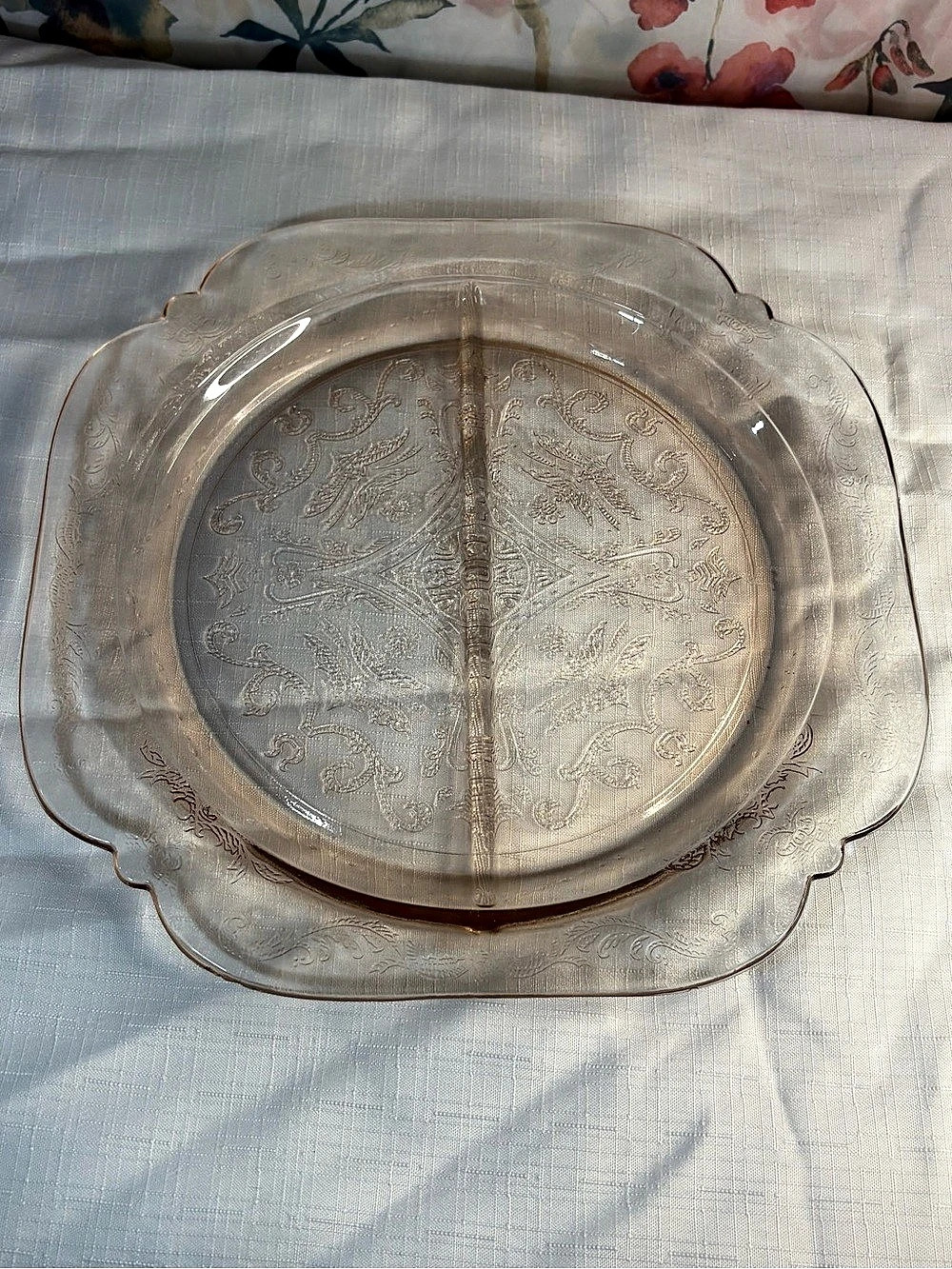 Vintage Pink Depression Etched Floral Glass Serving Dish